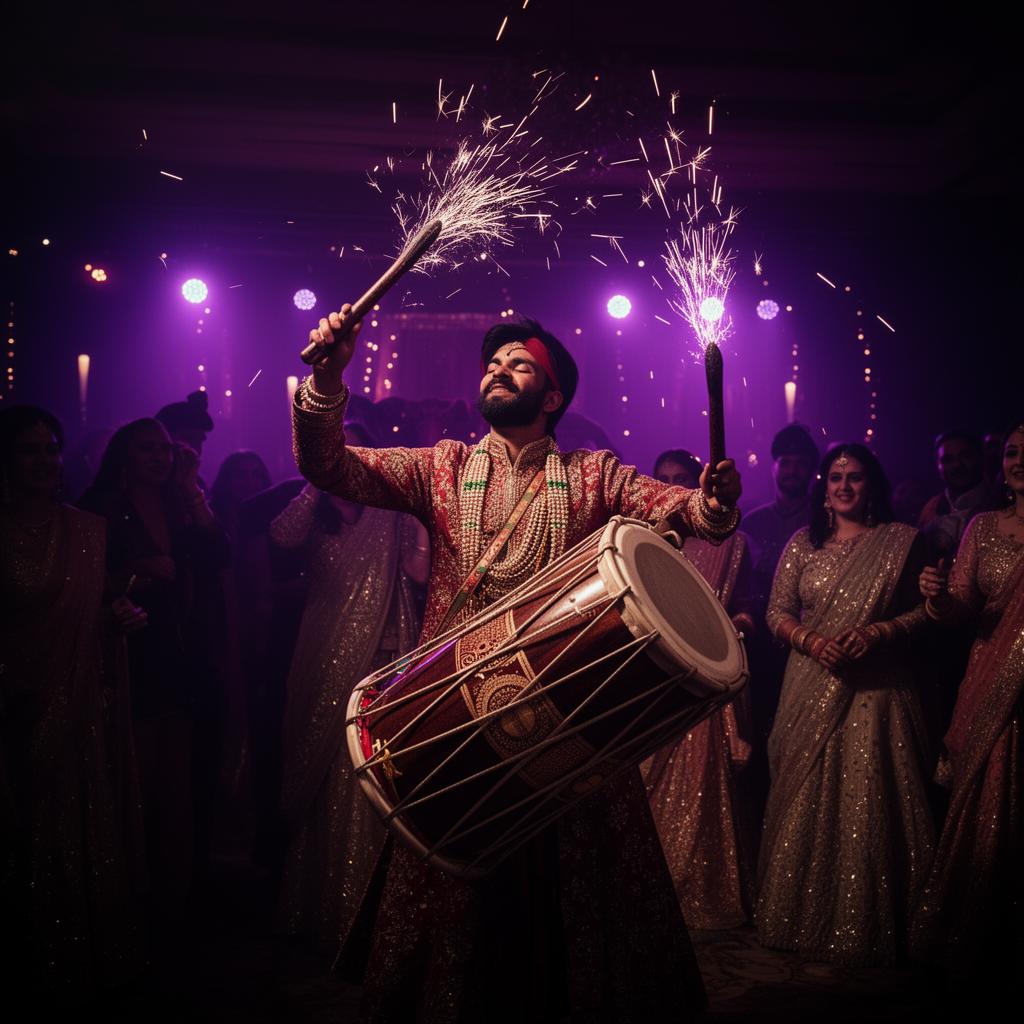 Live dhol performer mid-strike during a baraat