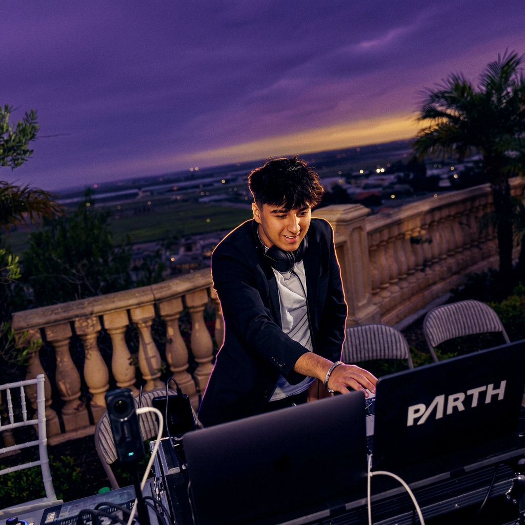 DJ at the booth under deep violet stage lighting
